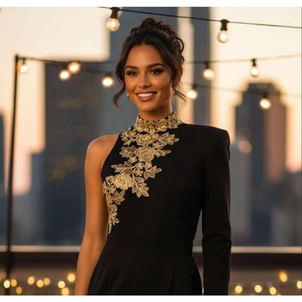PRETTY LITTLE THING Glam cocktail dress.Black High Neck Asymmetric Embroidered